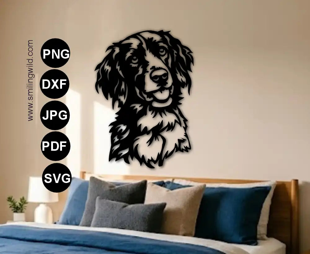 A black detailed drawing-style hunting dog portrait of a large munsterlander svg and dxf file presented as a metal decal or wall art above a bed.