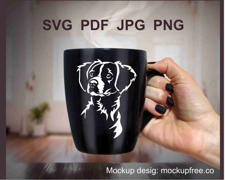 White design of a hunting dog printed on a lack mug