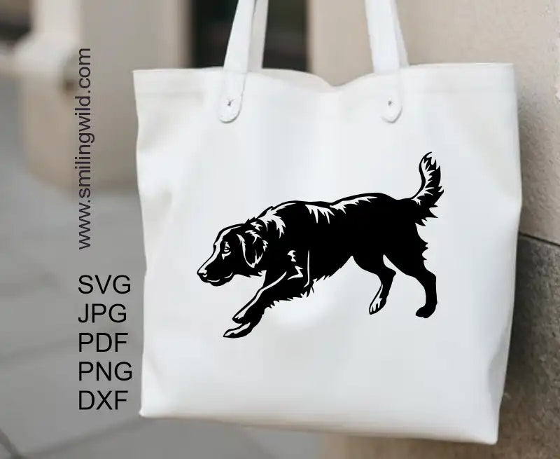 A tote bag with Hunting Flat-Coated Retriever full body cut file  in SVG, PNG, DXF formats, precision vector graphic for engraving and crafting