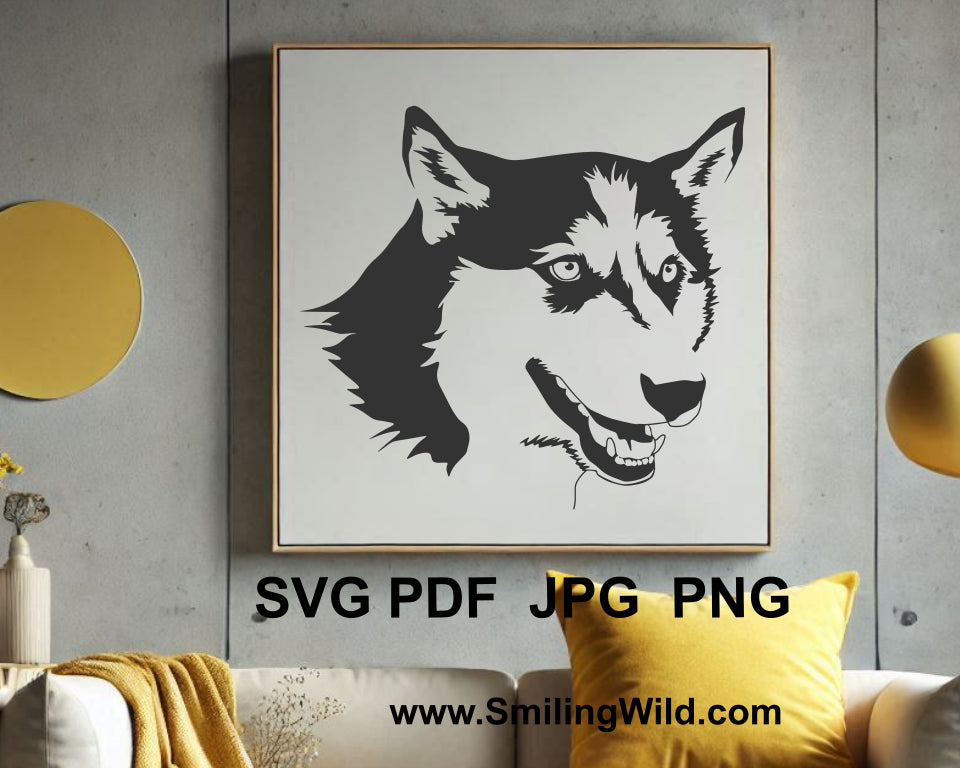 Husky face vector clipart for dog wall art design, perfect for Cricut crafts, laser cutting, and personalized dog-themed projects.