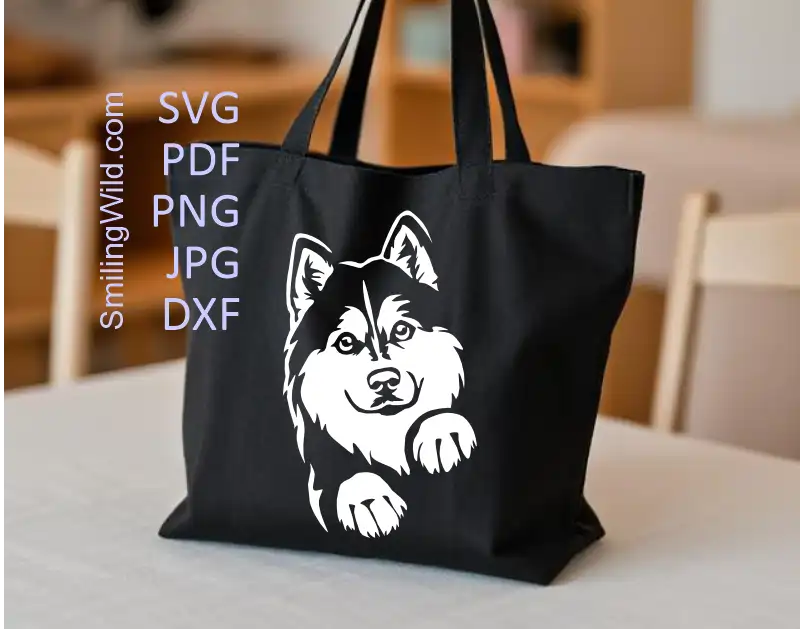 a tote bag with Husky peeking head vector graphic SVG PNG DXF for professional-quality Cricut and laser craft projects