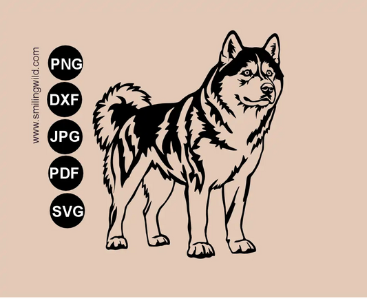 A full body standing husky dog SVG Vector graphic cut file presentation image showing a dog with alert expression