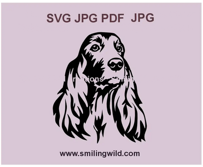 Detailed Irish Setter face portrait SVG and PNG vector graphic for laser cutting, featuring the elegant hunting breed