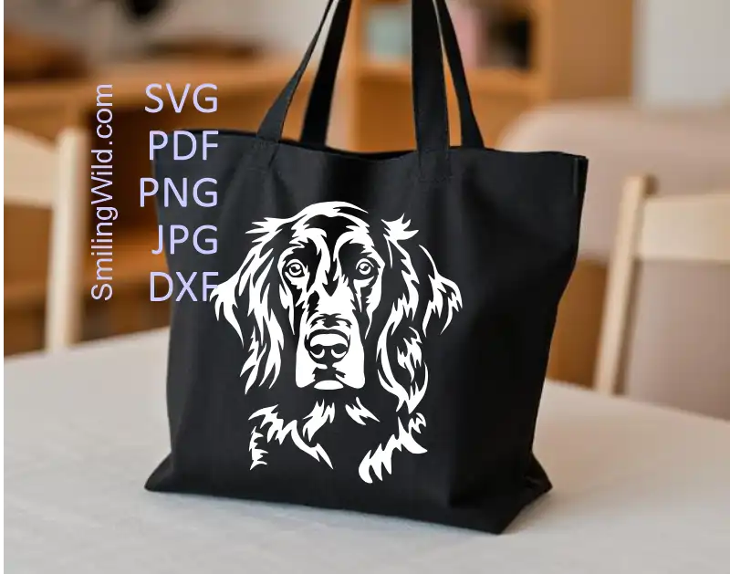 A tote bag with a iron on decal of White Irish Setter face cutted in SVG and DXF digital clipart file ideal for precise cut files, crafting, and laser cutting