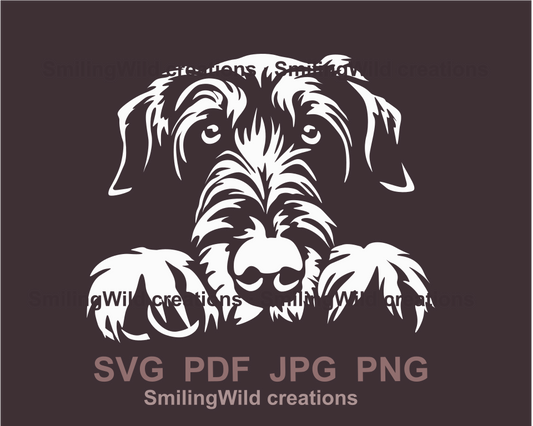 Lying irish wolfhound svg clip art shows a white design of dog peeking  face