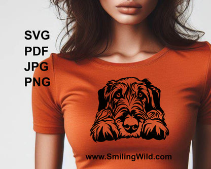 peeking irish wolfhound vector file application printed on a black t shirt