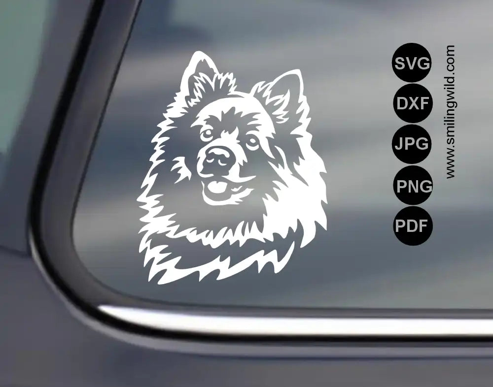 High-contrast white vector cut file displaying the detailed coat textures of the Italian Spitz in DXF clipart format.