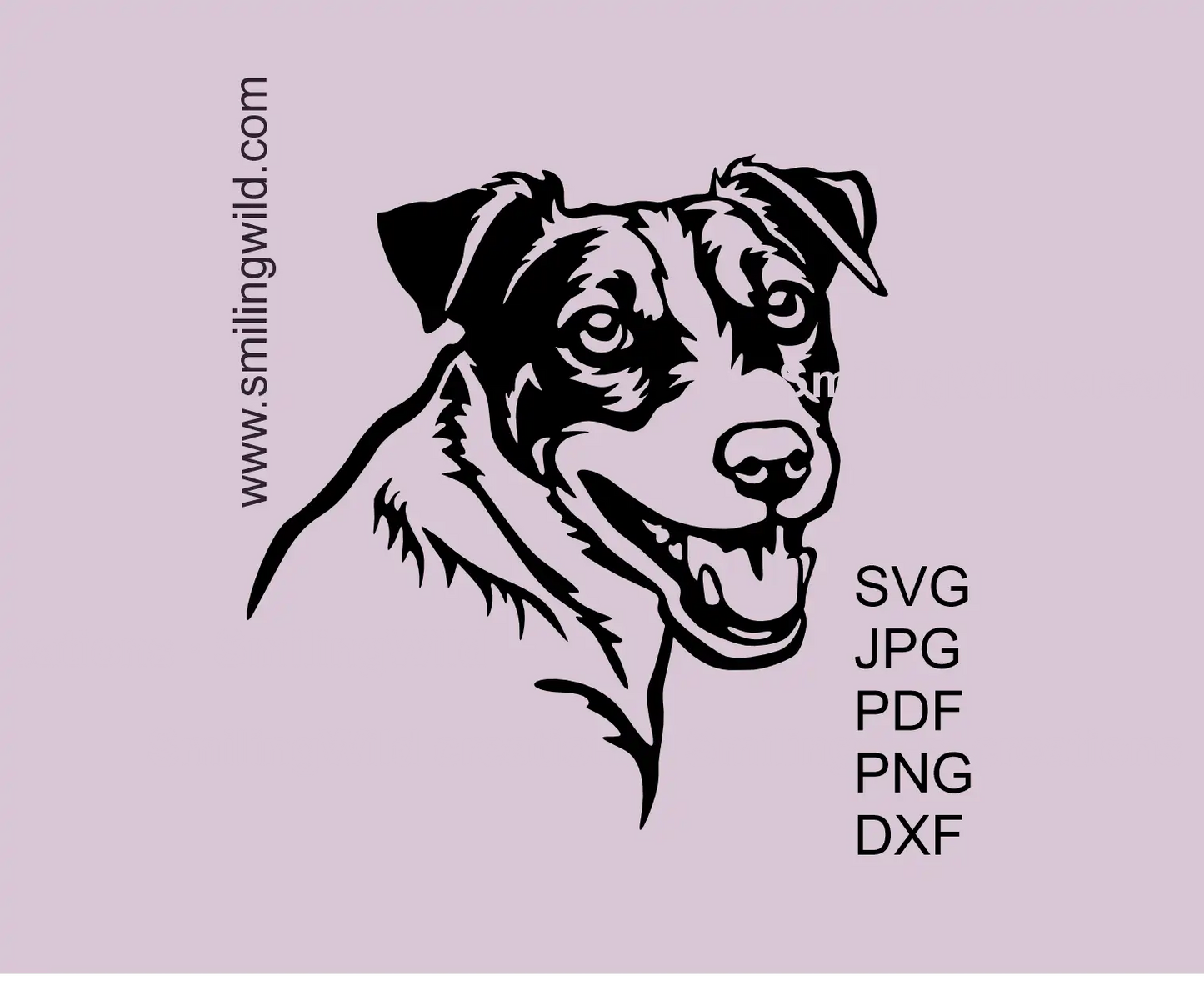 A smiling dog face of the Jack russell terrier breed presenting vector graphic art files in SVG, png and dxf formats