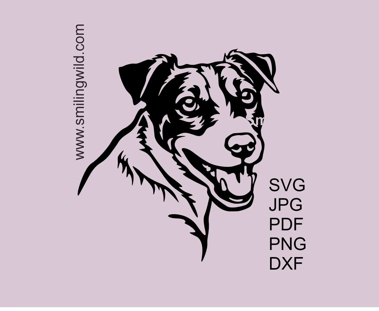 A smiling dog face of the Jack russell terrier breed presenting vector graphic art files in SVG, png and dxf formats