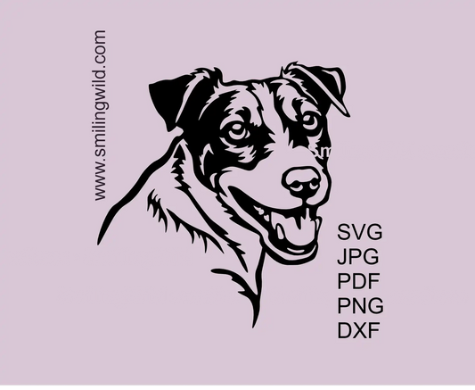 A smiling dog face of the Jack russell terrier breed presenting vector graphic art files in SVG, png and dxf formats