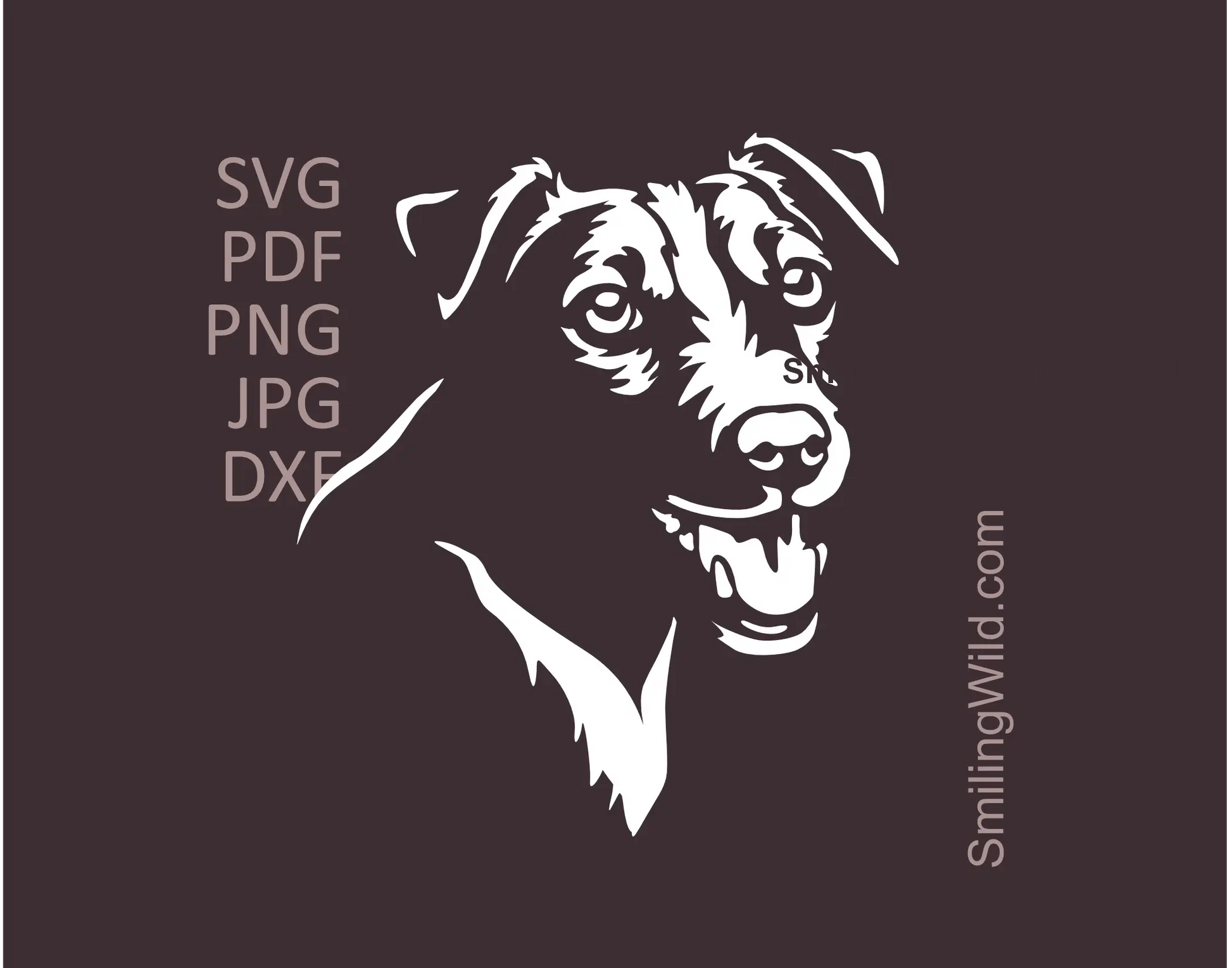 White version of a smiling Jack Russell Terrier dog face in SVG vector clipart files - a preview image