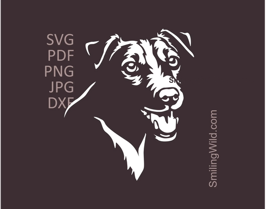 White version of a smiling Jack Russell Terrier dog face in SVG vector clipart files - a preview image