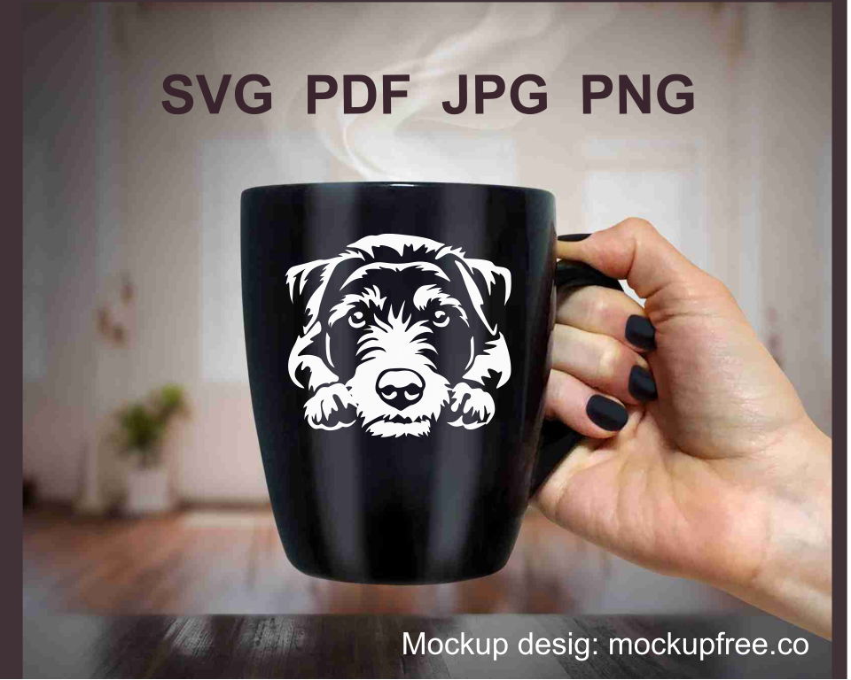 White digital drawing of jack rusell terrier printed on a black mug