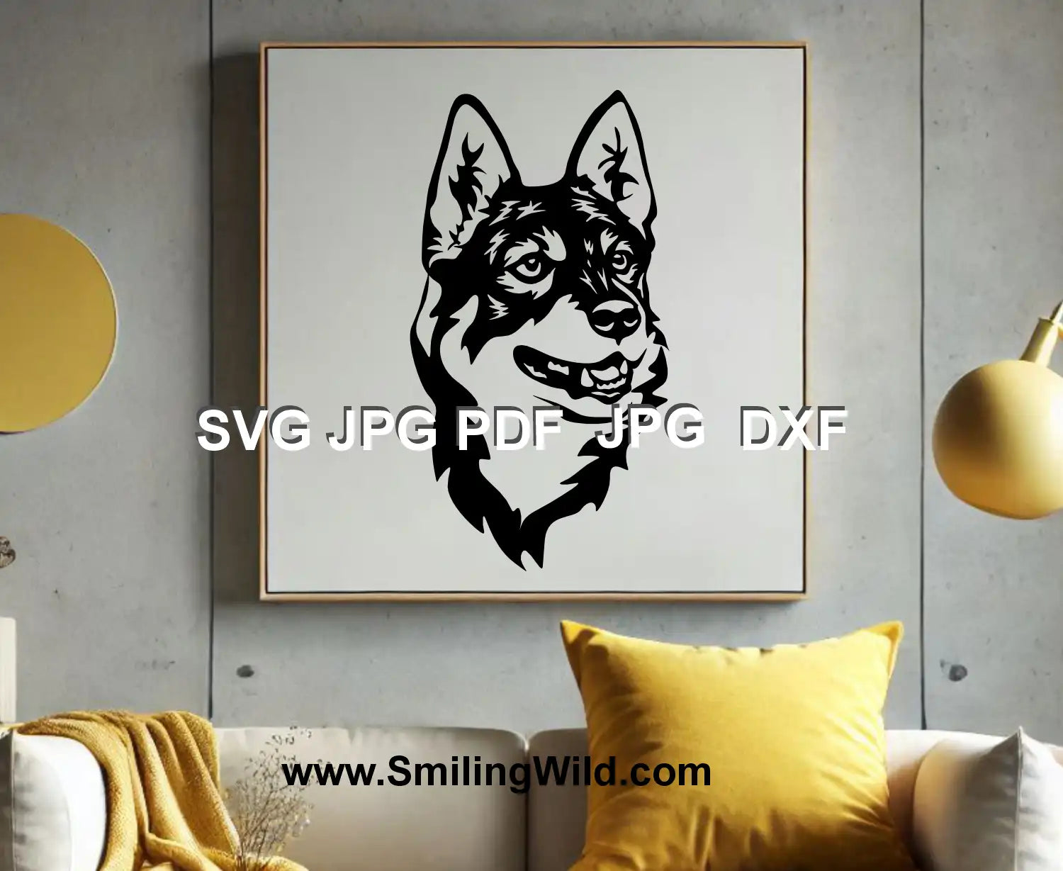 Swedish Elkhound Clipart – Black and white Jämthund graphic for hunting-themed crafts and Glowforge projects