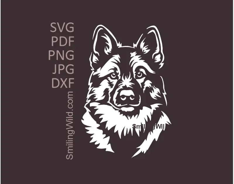 White vector illustration of a Jämthund Swedish Elkhound in frontal view, offering clipart graphic files svg, png and dxf for cutting needs of this Nordic hunting dog