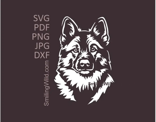 White vector illustration of a Jämthund Swedish Elkhound in frontal view, offering clipart graphic files svg, png and dxf for cutting needs of this Nordic hunting dog