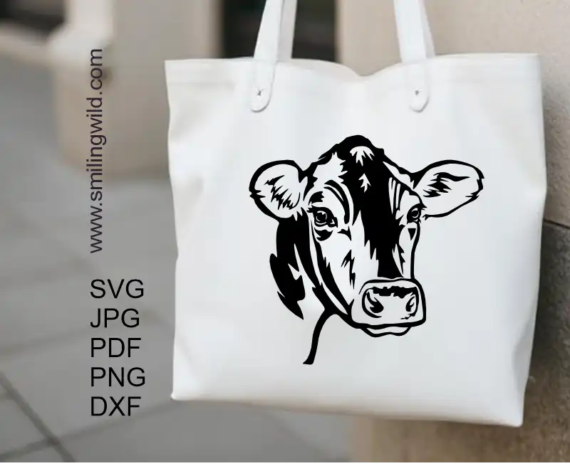 A bag with cattle application of a Jersey cow head cut file SVG PNG DXF graphic for crafters, Cricut users, and laser cutting machines