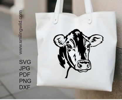 A bag with cattle application of a Jersey cow head cut file SVG PNG DXF graphic for crafters, Cricut users, and laser cutting machines