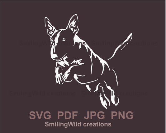 jumping bull terrier svg art in white color made for craftowrks on cutting machines