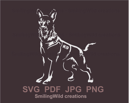 k9 dutch shepherd standing alert made in white vector graphic style