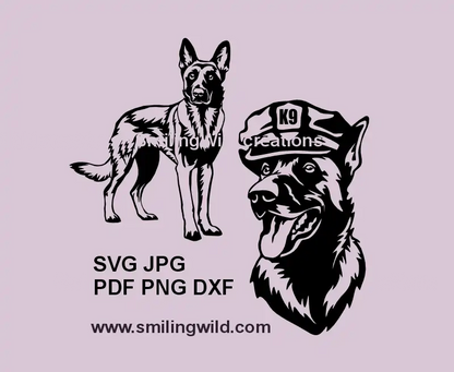 K9 Malinois SVG, PNG, DXF black clipart, Belgian Shepherd K9 police dog head with cap and a full body dog preview for Cricut, laser cutting, K9 rustic crafts