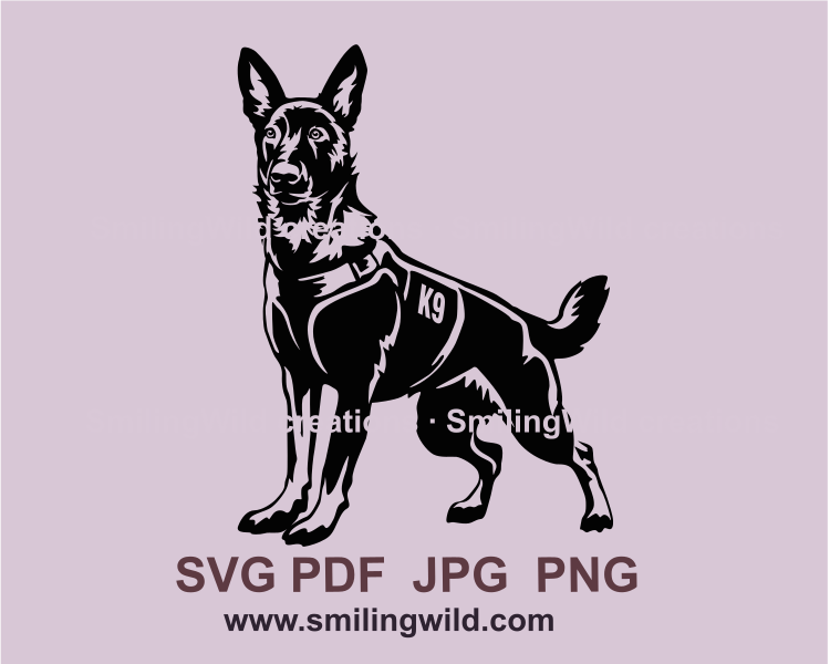 Standing alert police dog Dutch shepherd in black graphic art