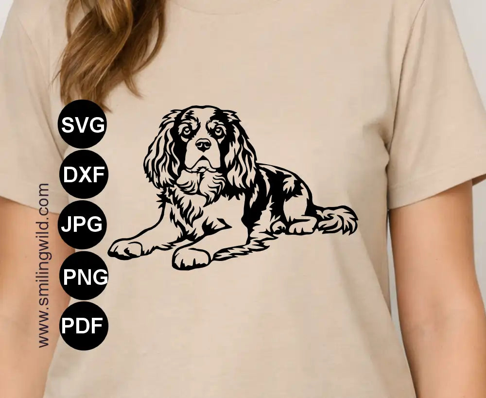 King Charles spaniel dog DXF cut file visualisation as a t shirt graphic application