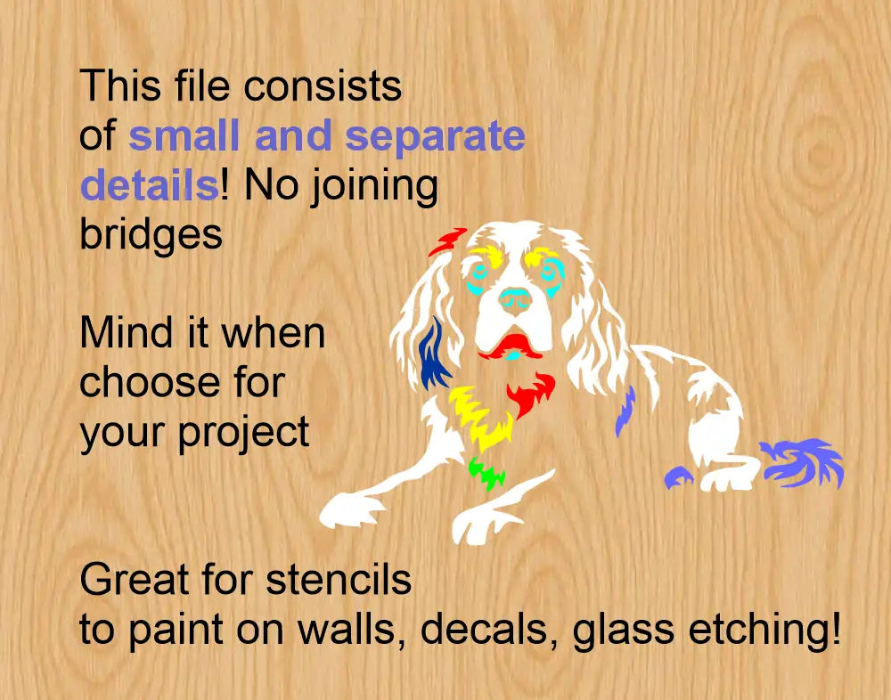 laser, cnc cut file of a lying full body king charles spaniel dog preview image showing separate details of this stencil template in DXF, PDF and SVG cutting files
