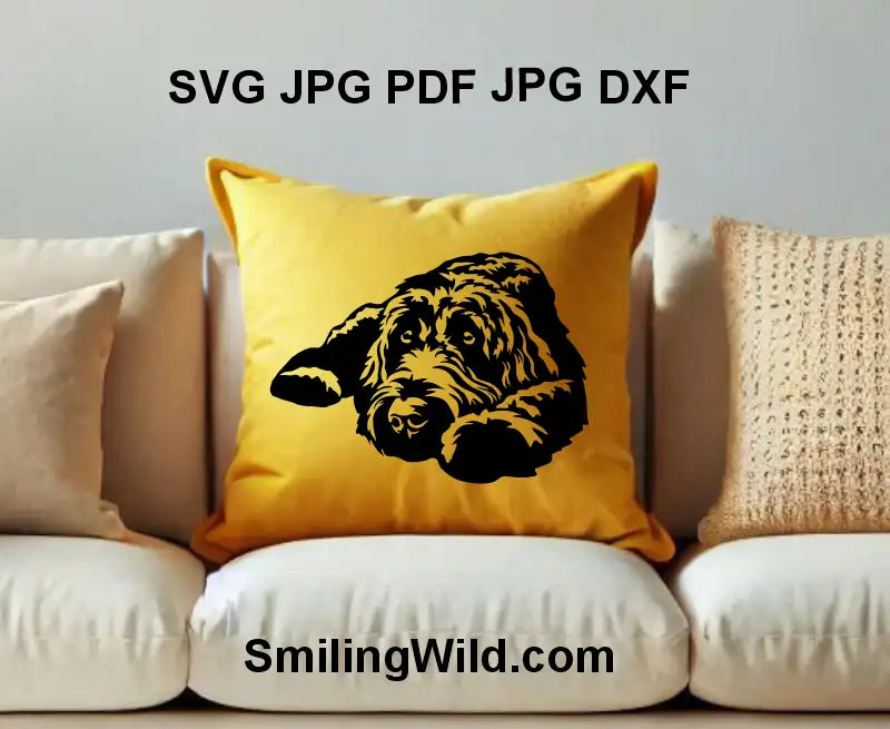 High-resolution Labradoodle PNG clipart in a lying pose for Glowforge and engraving use