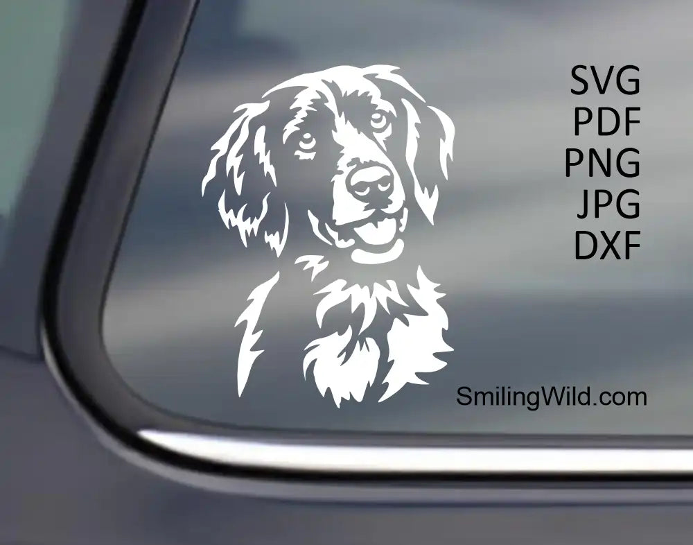 Smiling Large Munsterlander png and svg white clipart design applied as a white vinyl decal sticker on a dark tinted car window.