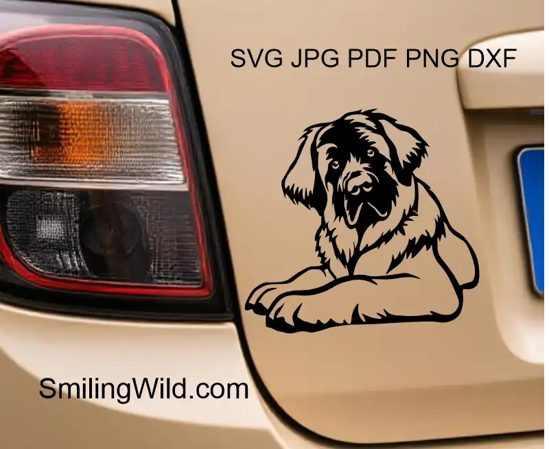 A car sticker representing a Black Curious Leonberger dog clipart SVG PNG DXF vector for cuttable crafts, pet-themed apparel, and DIY laser projects
