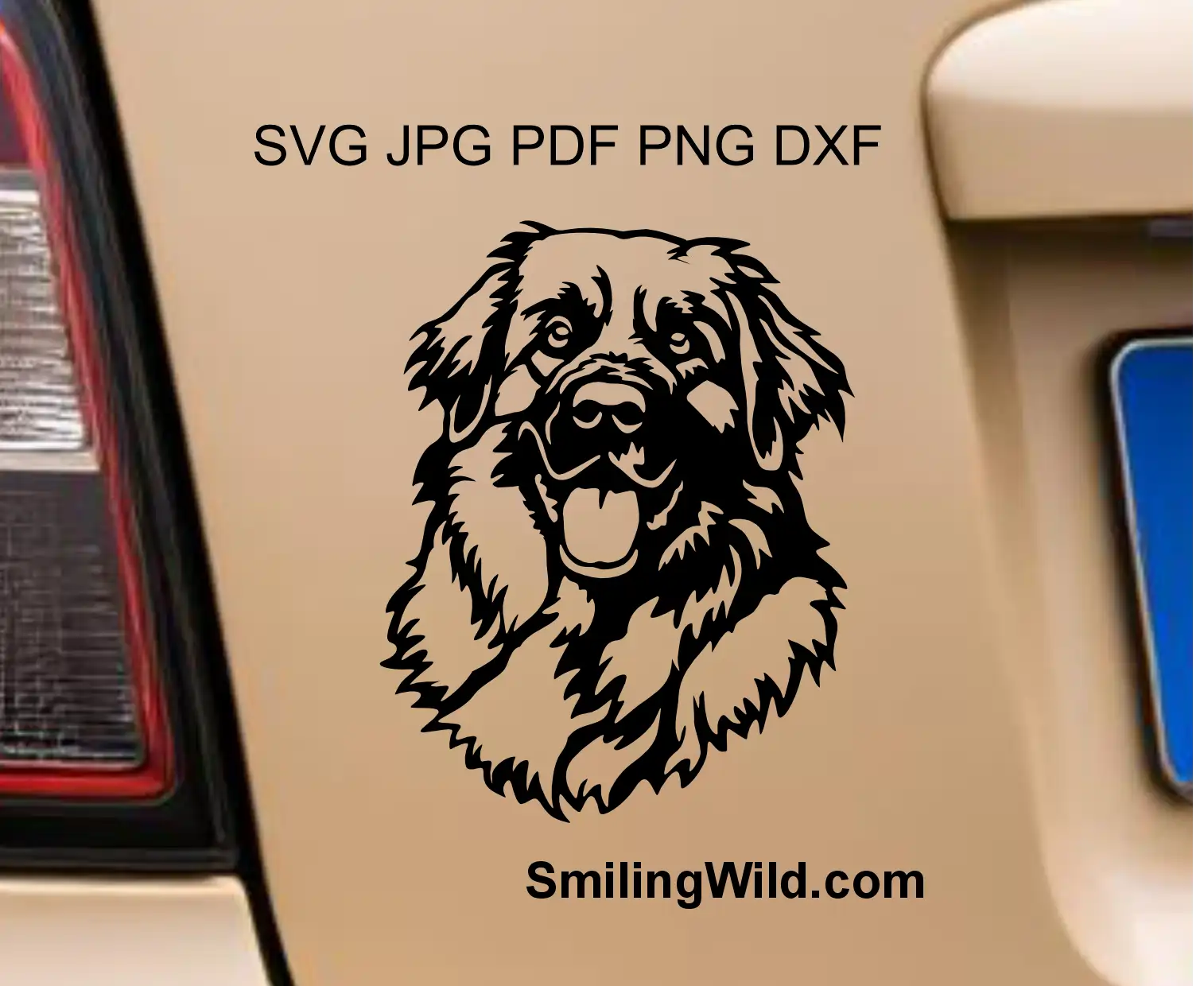 a visualisation for Technical vector drawing of a Leonberger dog portrait head with a clean transparent background in PNG clipart graphic format shown as a vinyl decal on a car.