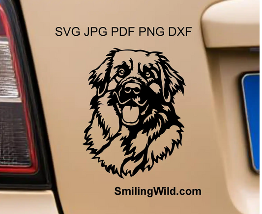 a visualisation for Technical vector drawing of a Leonberger dog portrait head with a clean transparent background in PNG clipart graphic format shown as a vinyl decal on a car.