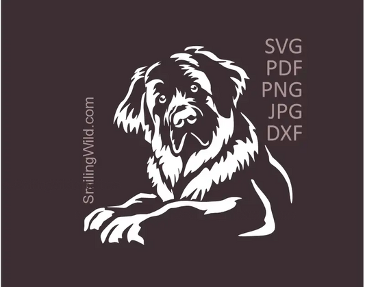 White Leonberger lying dog with curious face in SVG PNG DXF vector cut file for Cricut and laser engraving