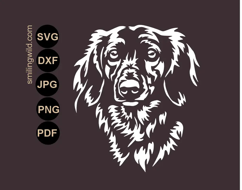 Long haired dachshund head svg vector clipart for specialized laser engraving projects.