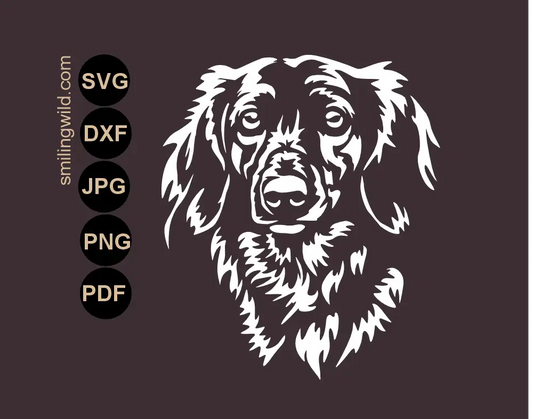 Long haired dachshund head svg vector clipart for specialized laser engraving projects.