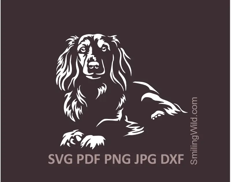 Black and White lying Long Haired Dachshund SVG PNG and DXF graphic file set. The essential dog clipart for high-contrast projects on dark materials.