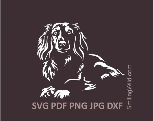 Black and White lying Long Haired Dachshund SVG PNG and DXF graphic file set. The essential dog clipart for high-contrast projects on dark materials.