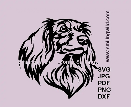 ong Haired Dachshund SVG head portrait – realistic black vector Wiener dog clipart for laser cutting crafts