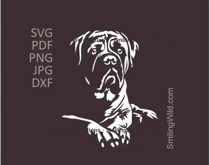 White Bullmastiff dog clipart in lying position, pedigree digital design for SVG, png, DXF cut file or laser crafting