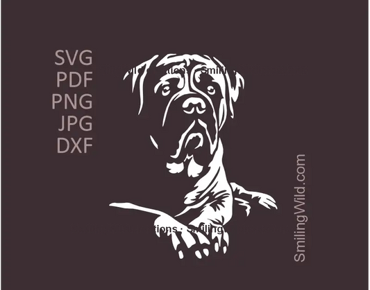 White Bullmastiff dog clipart in lying position, pedigree digital design for SVG, png, DXF cut file or laser crafting
