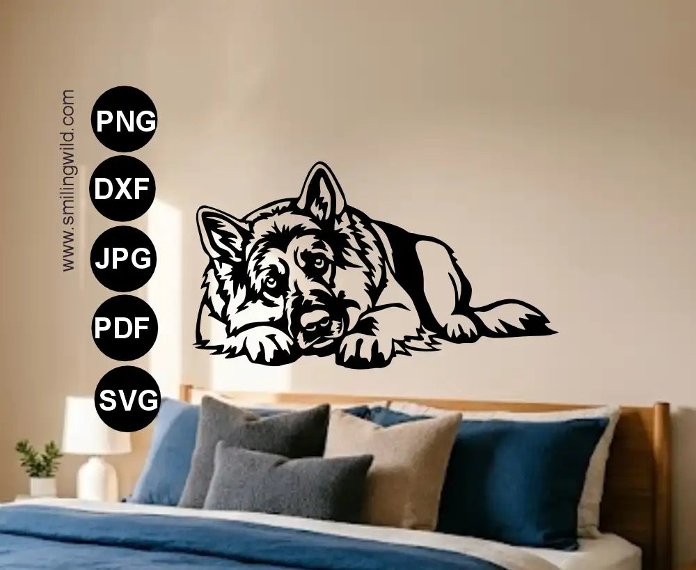 a single piece cutting file of a gernam shepherd svg and dxf vector art file visualized as a metal wall art decal to present the file spicification.