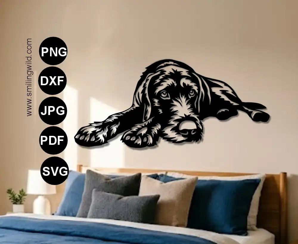 Full body German Wirehaired pointer svg and dxf black single piece cutting file for laser and cnc presented as a metal wall art sign