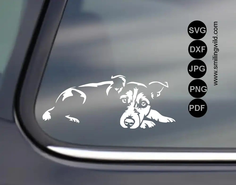 A white car decal of a lying jack russell presenting a dog's png clipart cut file usage for vinyl cutting
