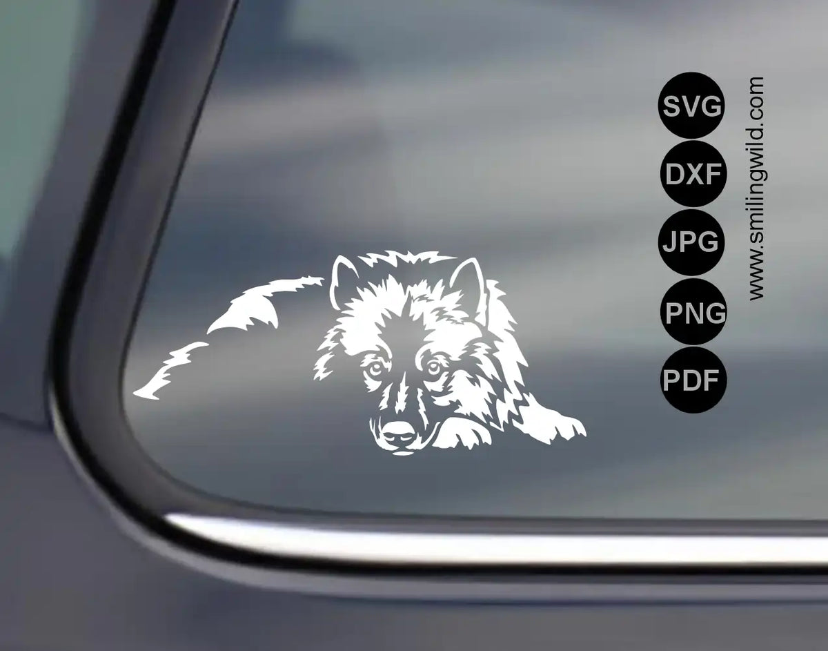 White vinyl decal of a lying Wolfspitz presenting a svg and png cricut and laser cutting file.