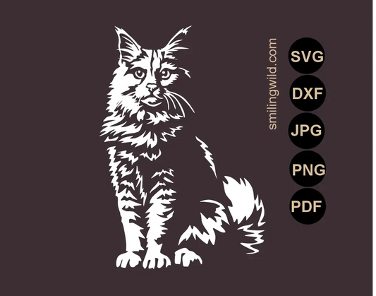Full body maine coon cat SVG, PNG and DXF vector cut file is visualized as a sitting cat white graphic illustration in chiaroscuro style with dramatic shadows