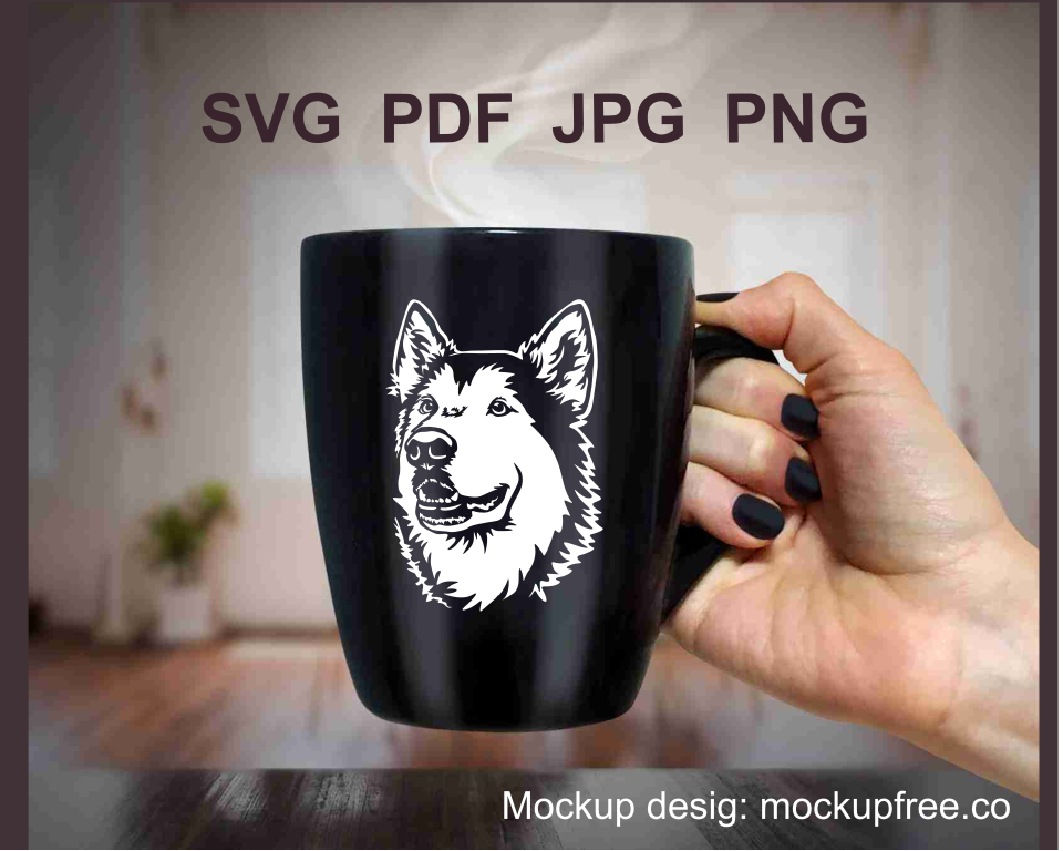 malamute vector design in white color used on a black tea cup as printwork