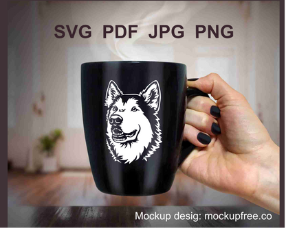 malamute vector design in white color used on a black tea cup as printwork