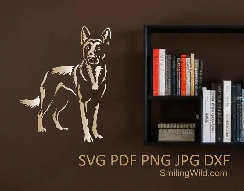 Standing Malinois Dog SVG, PNG, DXF white clipar in vectors placed on a mockup for wall art sticker, Cricut, laser cutting, dog design crafts