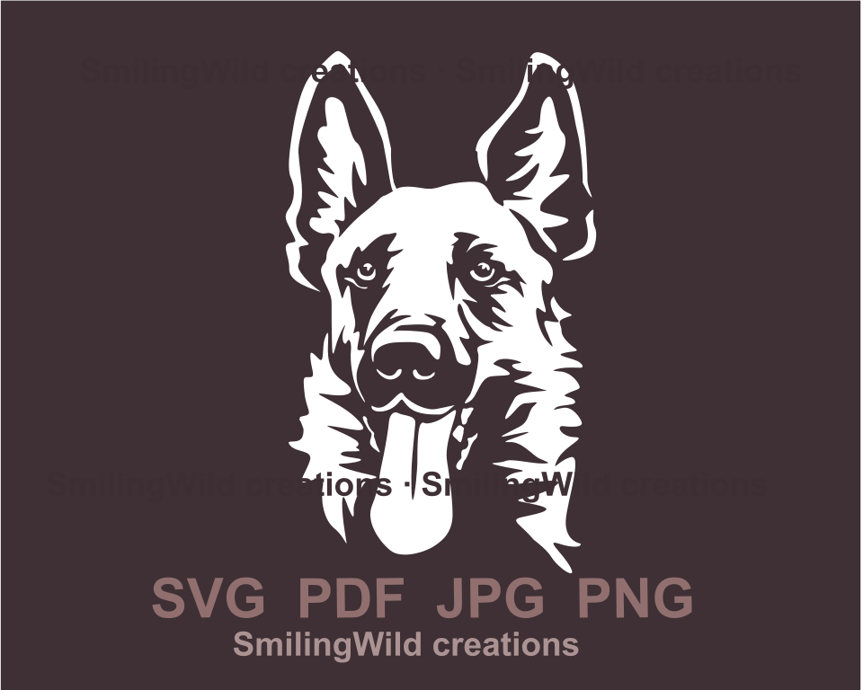 white graphic design for printing of a smiling malinois face